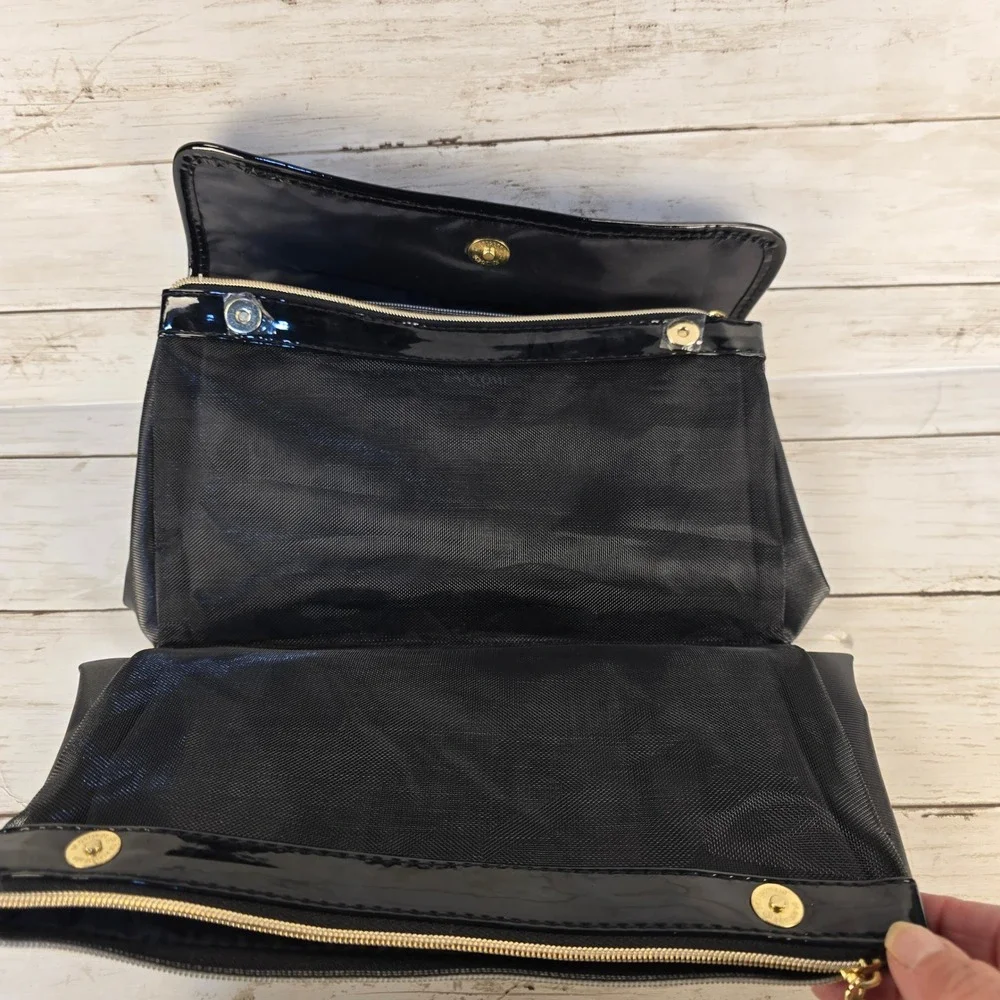 Lancome Paris Black Cosmetic Bag Travel Makeup Organizer Patent Trim‎ Gold Tone